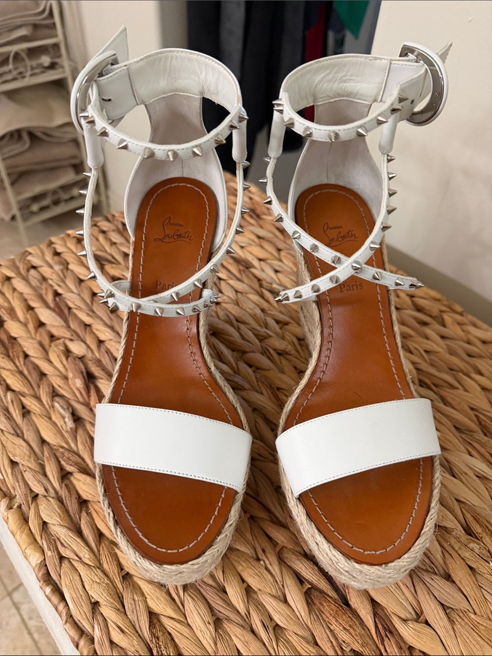 Christian Louboutin White Studded Ankle-Strap Espadrille Wedges new !!!!